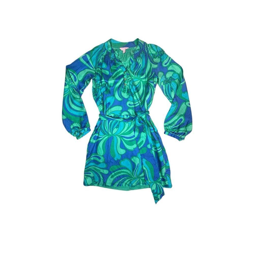 Lilly Pulitzer Silk Dress Women 2 Blue Green Print Belted